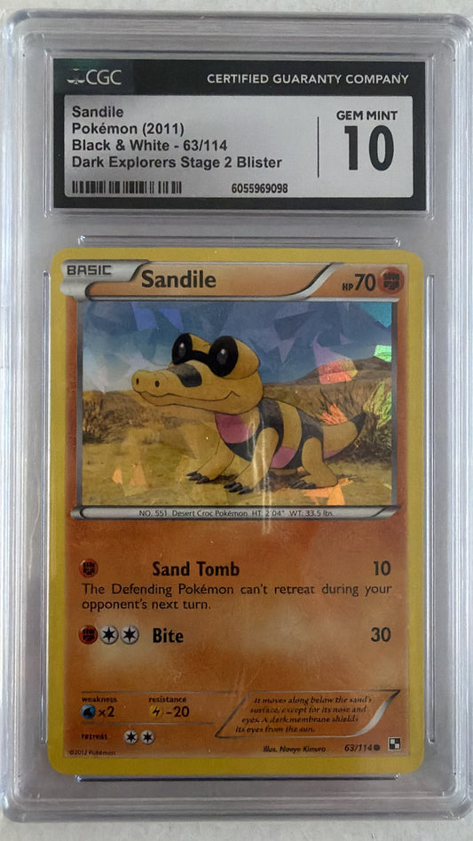 CGC Slab - CGC 10 Gem Mint Sandile (Cracked Ice Holo) 63/114 -  Black & White Dark Explorers Stage 2 Blister